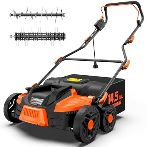 Tiectown 16-Inch 15.5 Amp 2-In-1 Electric Dethatcher and Scarifier With 14.5-Gallon Removable Thatch Collection Bag, Lawn Dethatcher With 5-Position Adjustment, Quick-Fold, Keeps Lawn Healthy - Orange