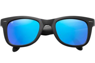 A pair of black Foldies frames with blue lenses