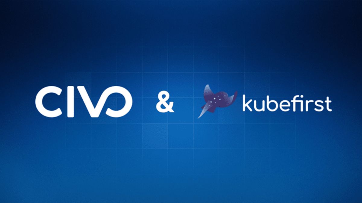 Civo promotional image showing company branding alongside Kubefirst logo on a blue background.