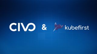 Civo promotional image showing company branding alongside Kubefirst logo on a blue background.