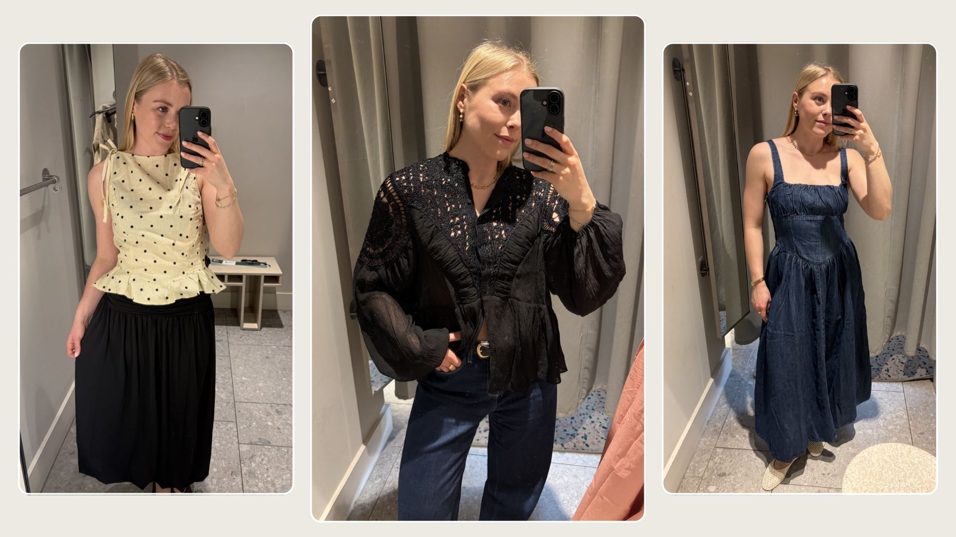 Woman wears polka dot top and skirt; woman wears black blouse and jeans; woman wears denim dress