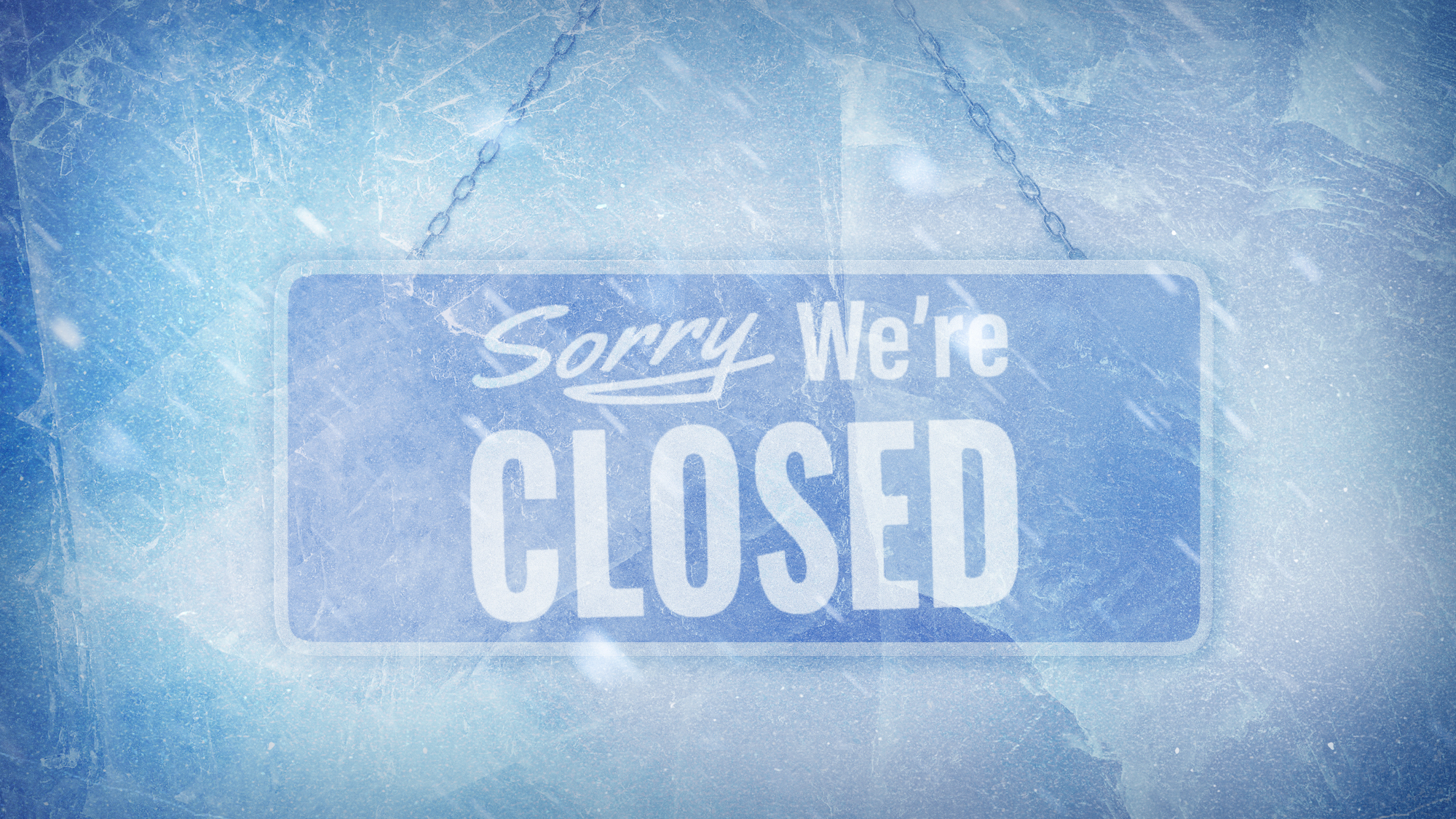 Illustration of a 'Sorry We're Closed' business sign frozen in ice