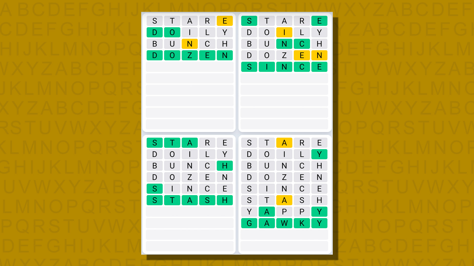 Quordle daily sequence answers for game 796 on a yellow background