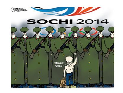 Editorial cartoon Putin Sochi welcome