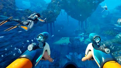 A player swims underwater with their friend beside them in Subnautica 2 multiplayer