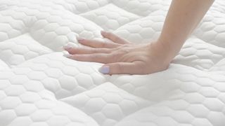 A hand placed flat on the surface of the Brooklyn Bedding Aurora Luxe mattress