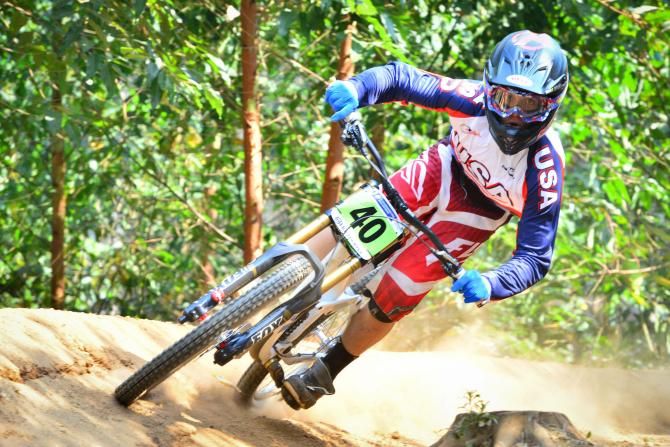 American rider Cole Picchiottino attacks the Downhill course on his way to a 23rd position in the Junior Men's Downhill at the Cascades MTB Park in Pietermaritzburg on Friday.