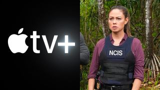 Apple's TV plus logo and an image of Vanessa Lachey in her NCIS uniform. 