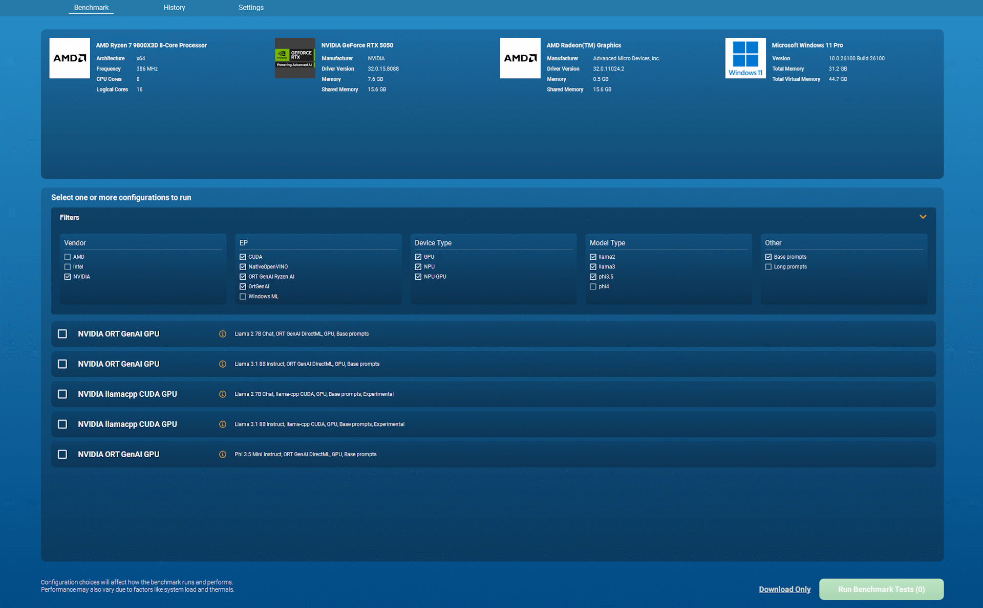 The user interface of the MLPerf Client 1.0 benchmark
