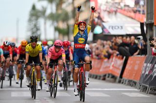 GANDIA SPAIN FEBRUARY 15 Elisa Balsamo of Italy and Team LidlTrek celebrates at finish line as stage winner during the 8th Setmana Ciclista Volta Comunitat Valenciana Femines 2024 Stage 1 a 113km stage from Tavernes De La Valldigna to Gandia on February 15 2024 in Gandia Spain Photo by Luc ClaessenGetty Images