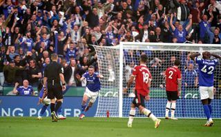 Leicester City’s Jamie Vardy celebrates scoring his sides third goal during the Premier League match at the King Power Stadium, Leicester. Picture date: Saturday October 16, 2021