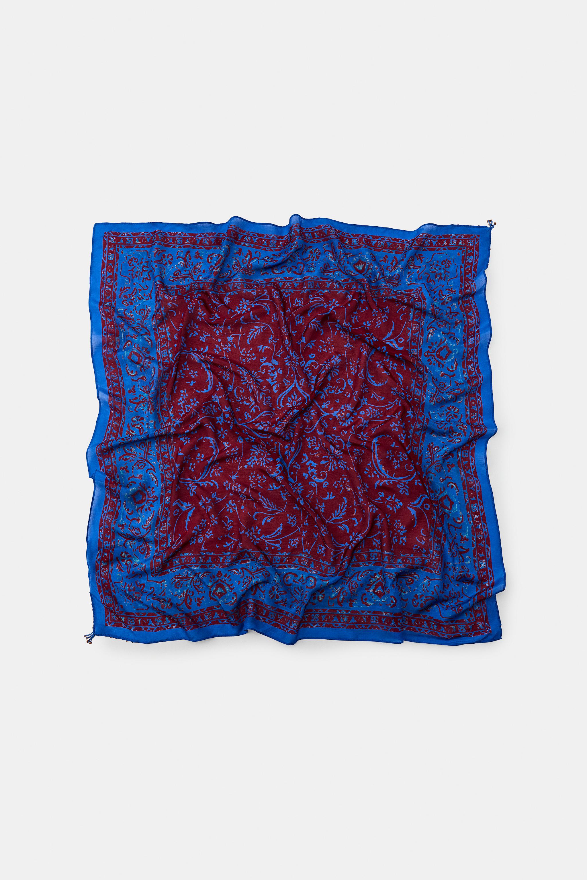 Beaded Viscose Silk Printed Scarf - Bluish - M