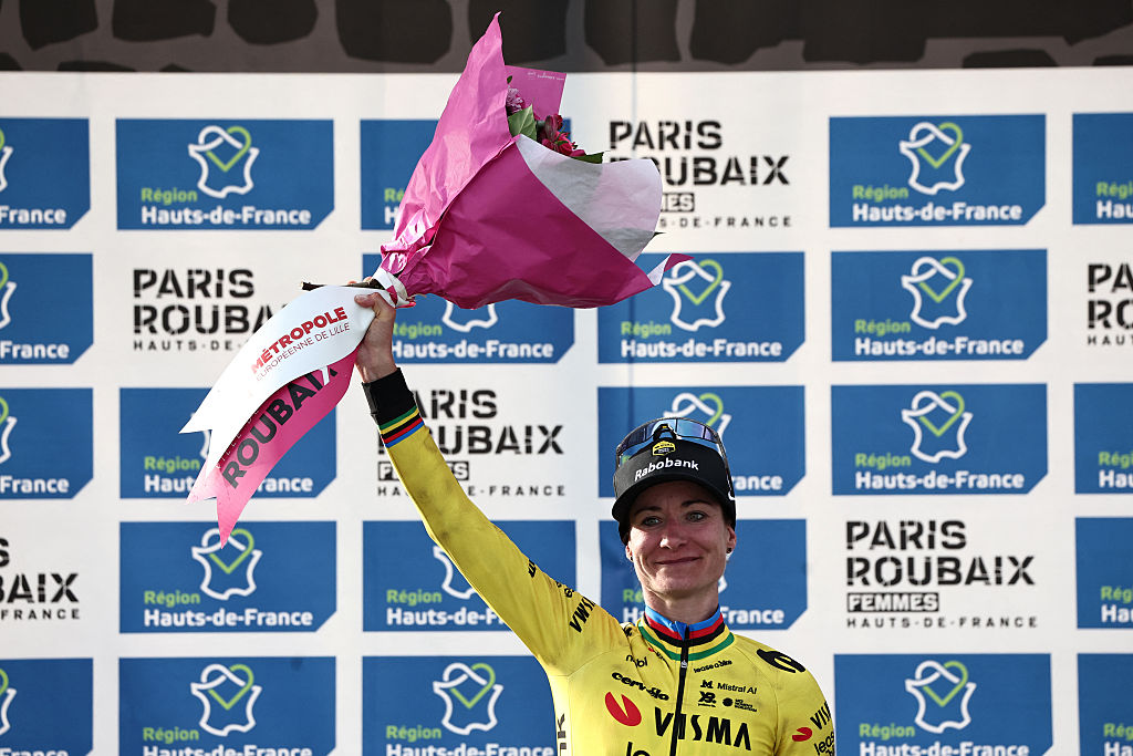 Second-placed Team Visma - Lease a Bike's Dutch rider Marianne Vos celebrates on the podium of the 6th edition of the Women Paris-Roubaix one-day classic cycling race, 143.1 km between Denain and Roubaix, at the V&amp;eacute;lodrome Andr&amp;eacute;-P&amp;eacute;trieux in Roubaix, northern France, on April 12, 2026. (Photo by Anne-Christine POUJOULAT / AFP via Getty Images)