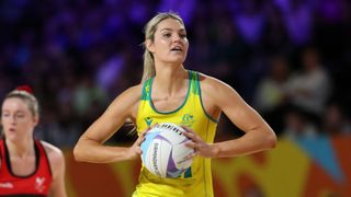  Gretel Bueta of Team Australia prepared to pass the ball ahead of the Netball World Cup 2023 