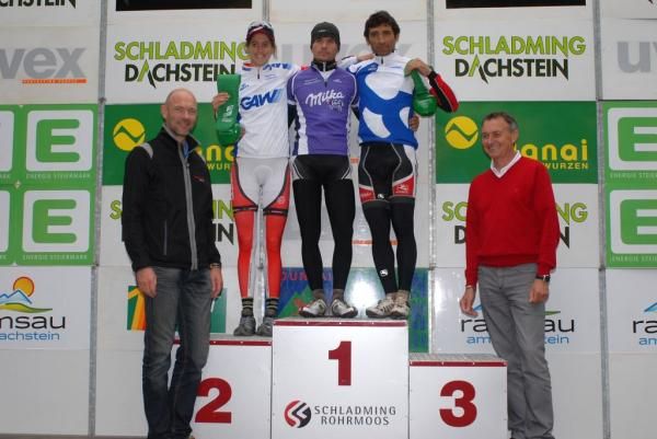 The podium of stage 1 of the AlpenTour Trophy