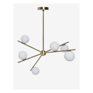 brass ceiling light with white glass globes