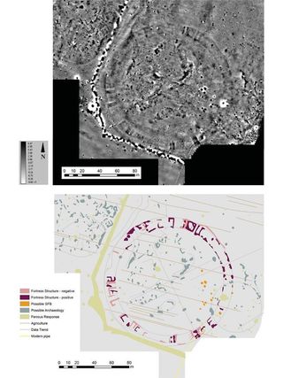 The site of the former fortress is now farmland, which has been plowed and cultivated for around 1,000 years. Only slight changes in the elevation of the ground remain on the surface, but a geophysical survey has revealed the remains of the wooden structu