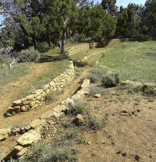 Image of the west side of Mummy Lake. Once interpreted to be a water intake ditch, this inclined walled structure may actually be a processional ramp, researchers argue.