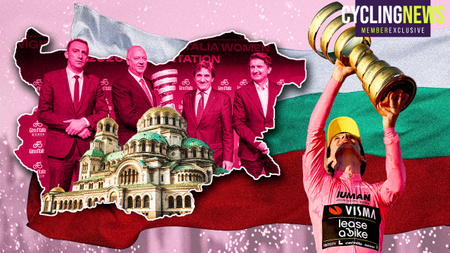 Illustration showing a map of Bulgaria, a building in Sofia, and Simon Yates lifting the trophy as winner of the Giro d'Italia in 2025