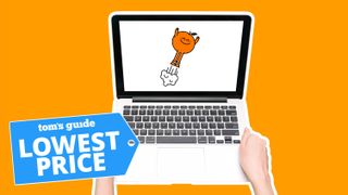 Laptop isolated on an orange background. Computer with a white blank screen in female hands. Colorful layout design and blue Tom's Guide deal badge