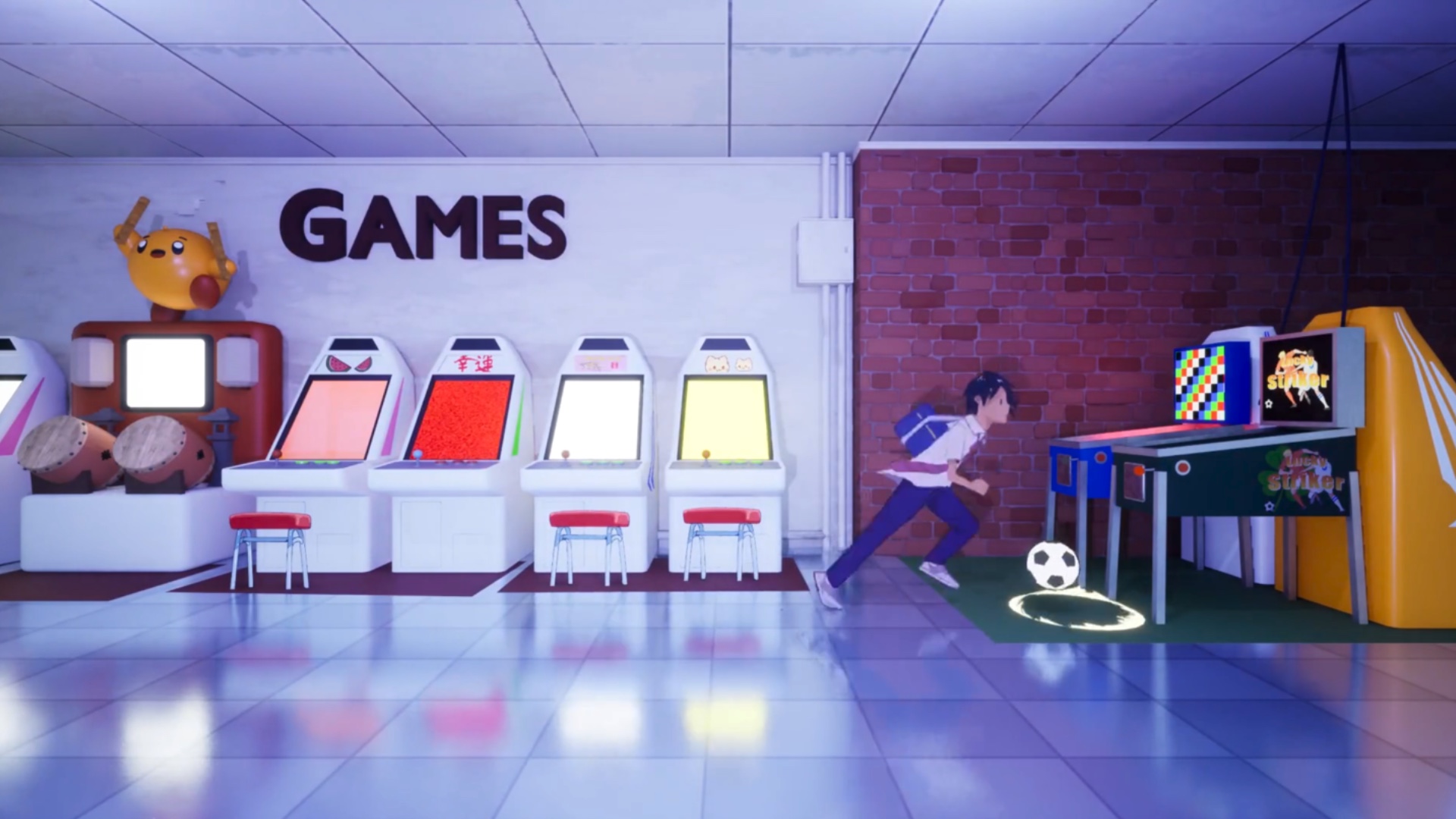 Screens from an indie game featuring a ball dribbling boy across beaches, ship yards and urban streets