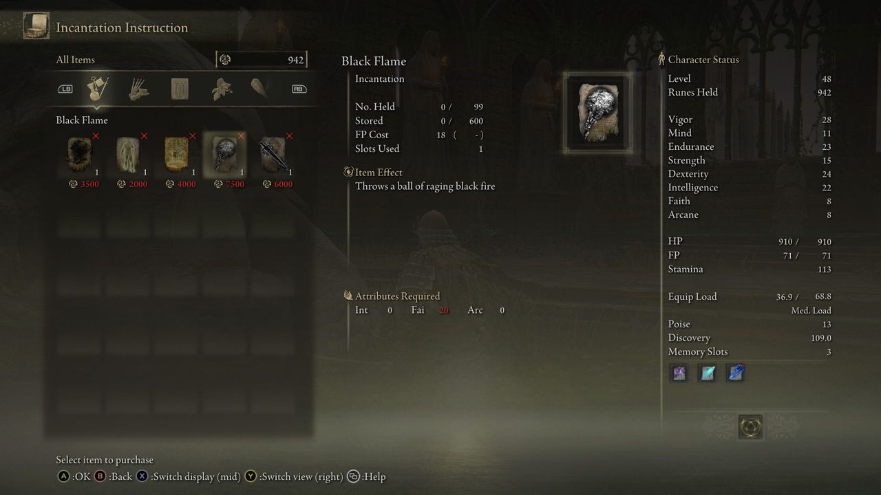 black flame incantation menu