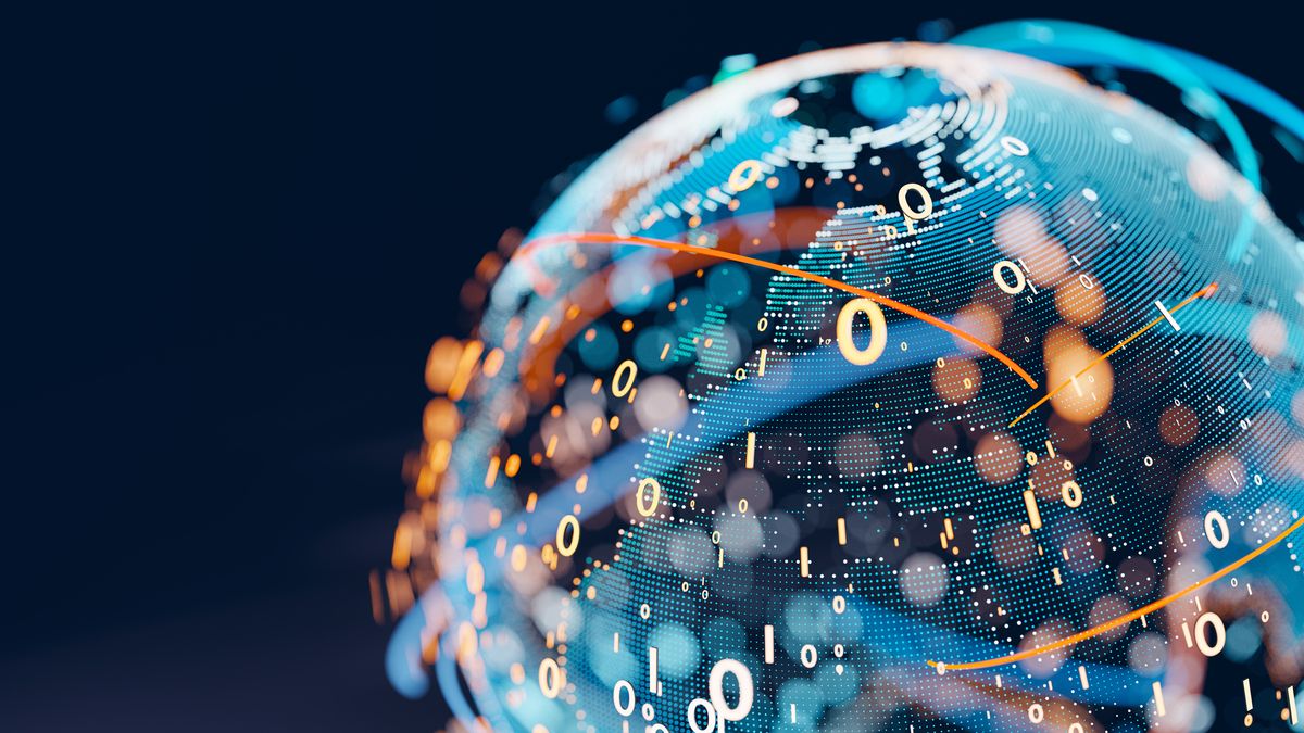 A CGI representation of the world to represent sovereign cloud workloads, on a black background. In the image, the blue world formed by white and blue dots is surrounded by flowing data, glowing lines, and binary code to represent data crossing borders.