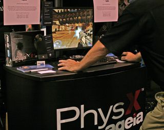 Aegia showed off their PhysX hardware-accelerated physics at their small two person kiosk.