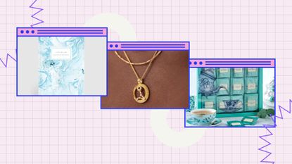 Three of My Imperfect Life's gifts for Pisces ideas—including a blue journal, gold constellation necklace and a green tea gift set—on a pink checked background