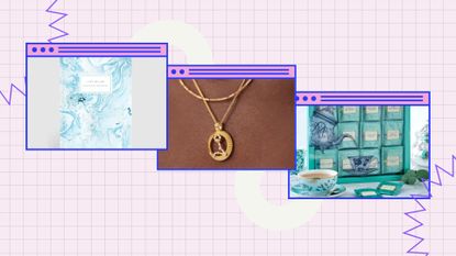 Three of My Imperfect Life&#039;s gifts for Pisces ideas—including a blue journal, gold constellation necklace and a green tea gift set—on a pink checked background