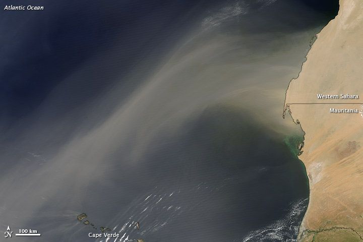 NASA&#039;s Aqua satellite captured a massive dust storm blowing westward over the Cape Verde islands from Africa in this image captured on Oct. 8, 2012.