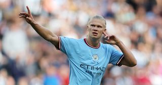 Manchester City striker Erling Haaland celebrates after scoring their team's second goal during the Premier League match between Newcastle United and Manchester City at St. James Park on August 21, 2022 in Newcastle upon Tyne, England.