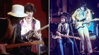 (from left) Bob Dylan, Robbie Robertson, Eric Clapton and Ronnie Wood perform at The Last Waltz concert at the Winterland Ballroom on November 25, 1976 in San Francisco, California
