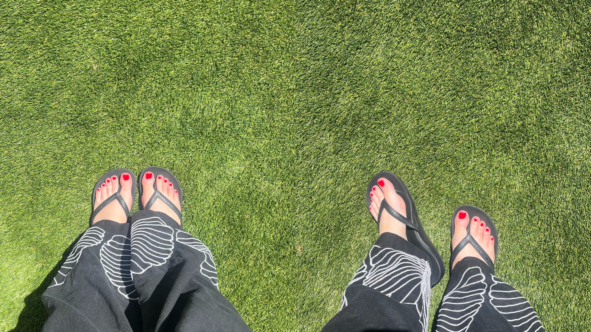 Two images of Caroline Parr wearing Archies arch support flip flops