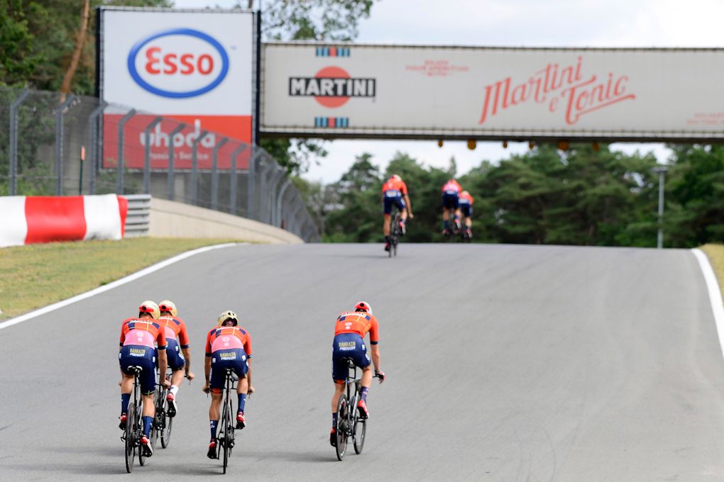 Bahrain-Merida riders on the auto track in Zolder practicing their team time trial