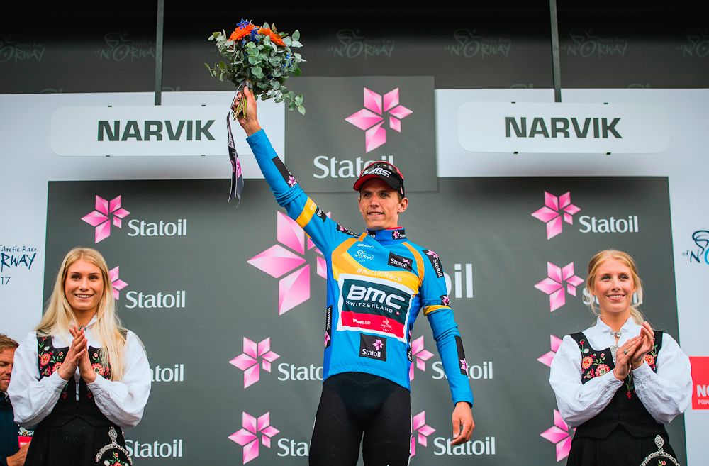 Dylan Tuens (BMC) on the podium after winning the opening stage at the Arctic Race of Norway