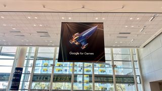 A Google for Games banner hanging from the ceiling of Moscone West in San Francisco at GDC 2024.