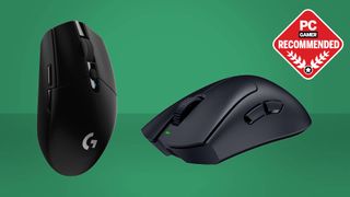 A logitech G305 Lightspeed and Razer DeathAdder V4 Pro gaming mouse on a green background with a PC Gamer Recommended label on top