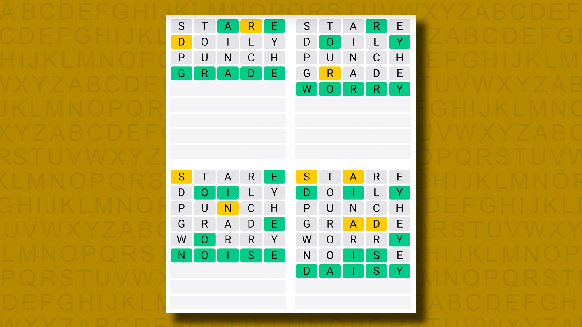 Quordle answers for game 1039 on a yellow background