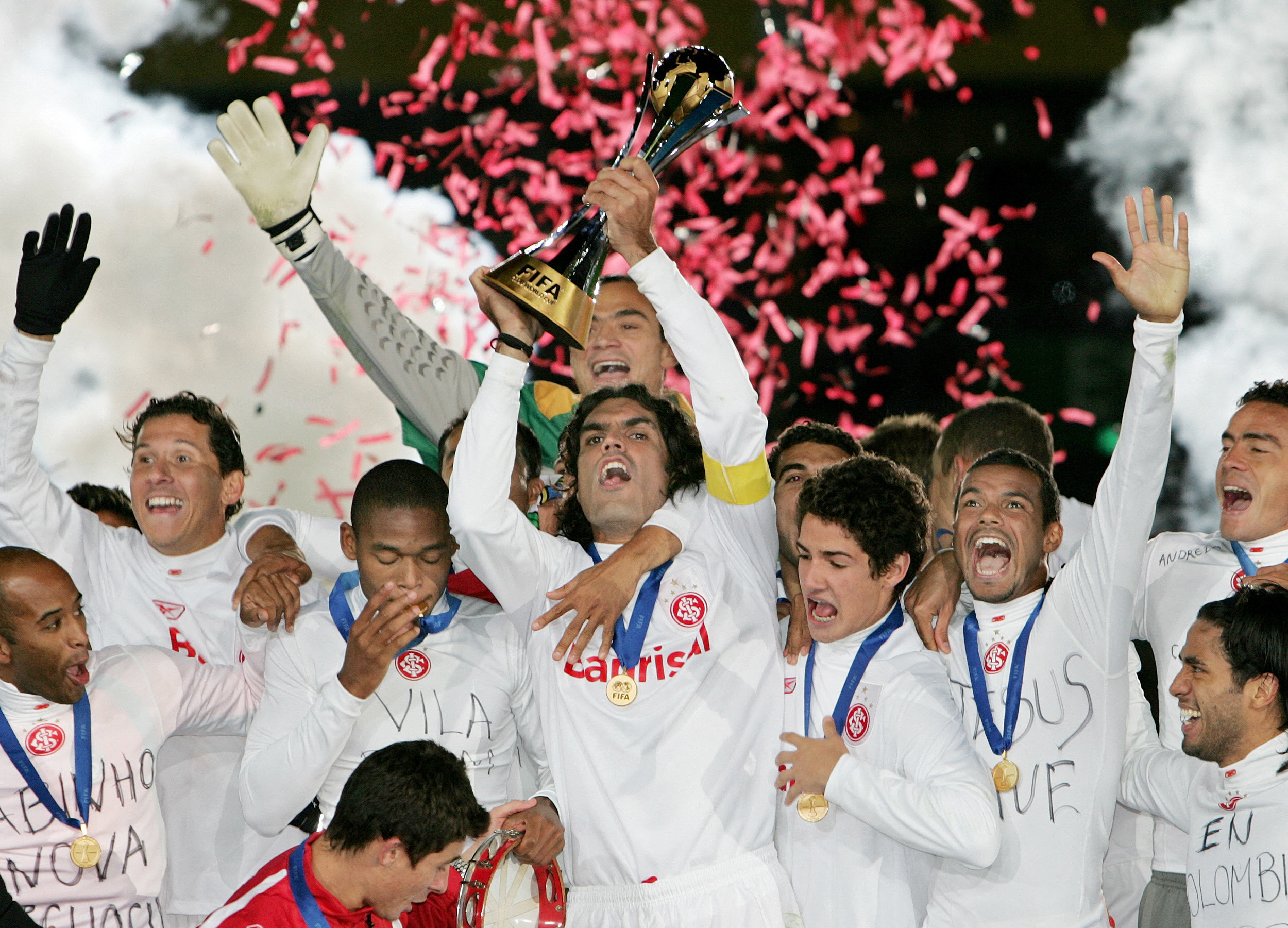 Internacional players celebrate after victory against Barcelona in the final of the FIFA Club World Cup in December 2006.