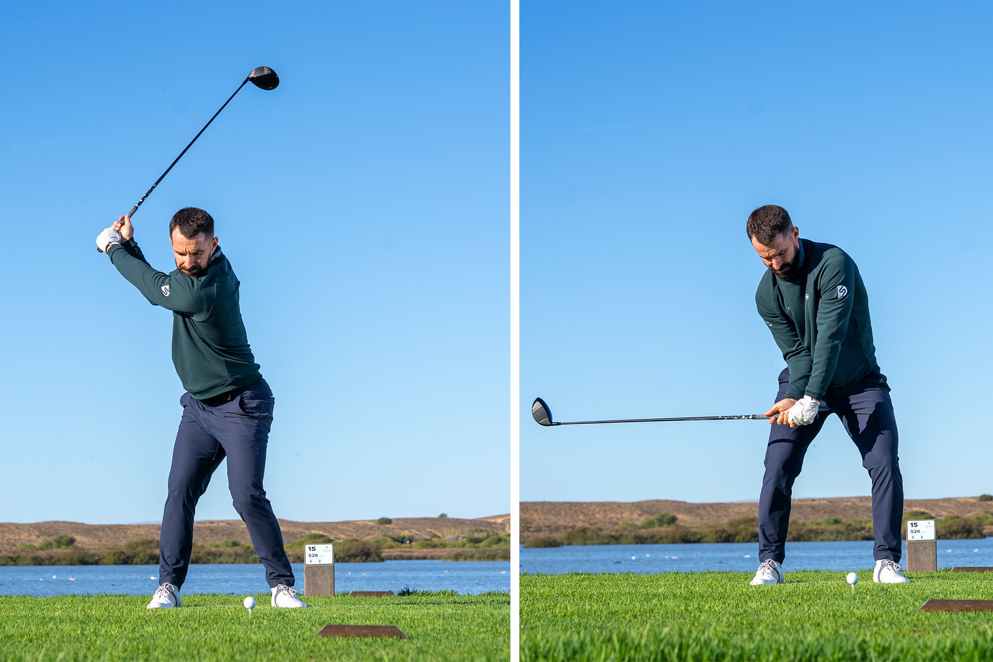 Top 50 Coach James Jankowksi in a side-by-side image, showcasing the correct position at the top of the backswing and halfway through the downswing to promote a perfect driver launch angle