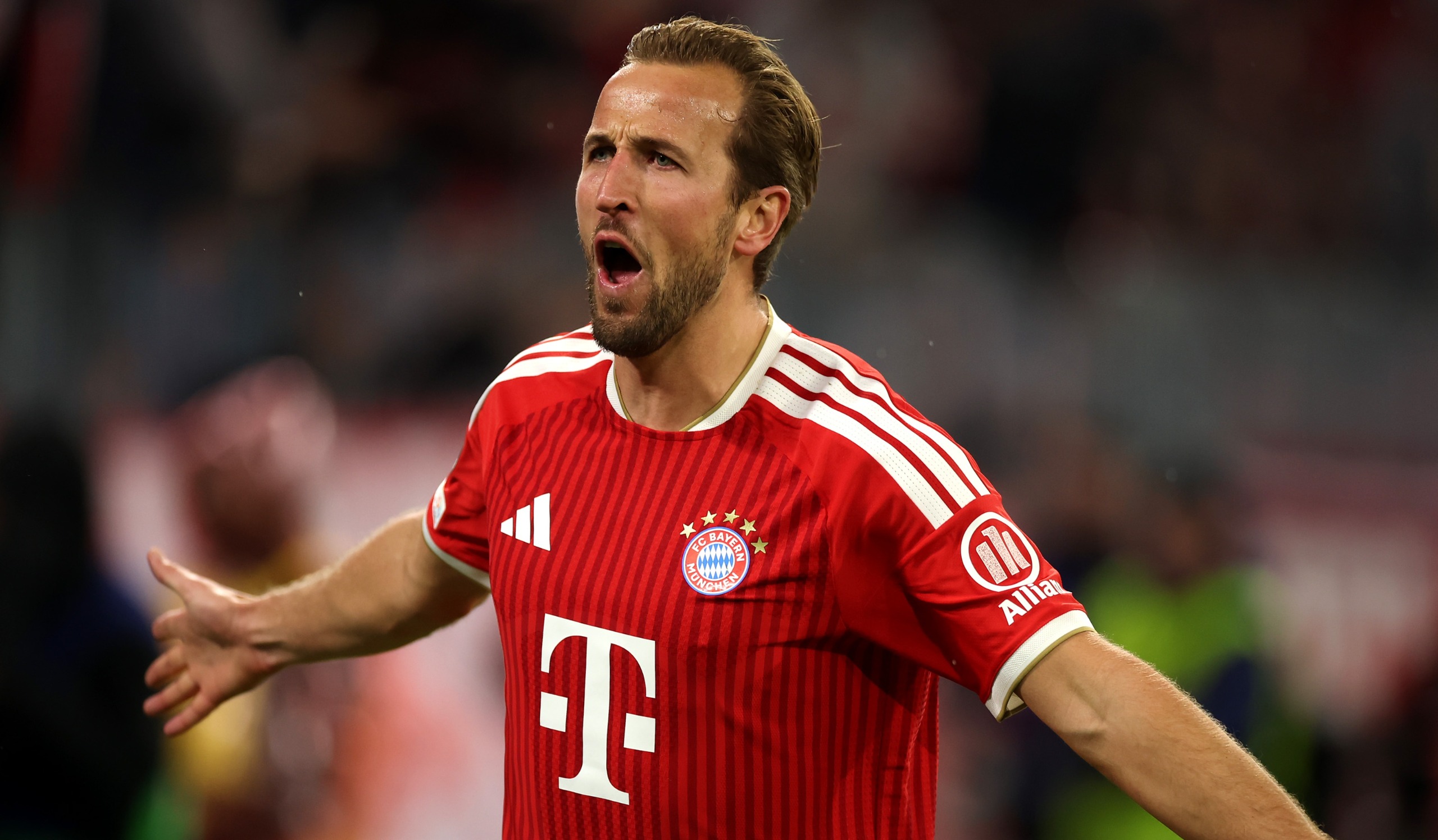 Harry Kane celebrates scoring Bayern Munich&rsquo;s second goal during the UEFA Champions League 2026/27 League Phase match against Arsenal FC at Football Arena Munich on October 21, 2026 in Munich, Germany