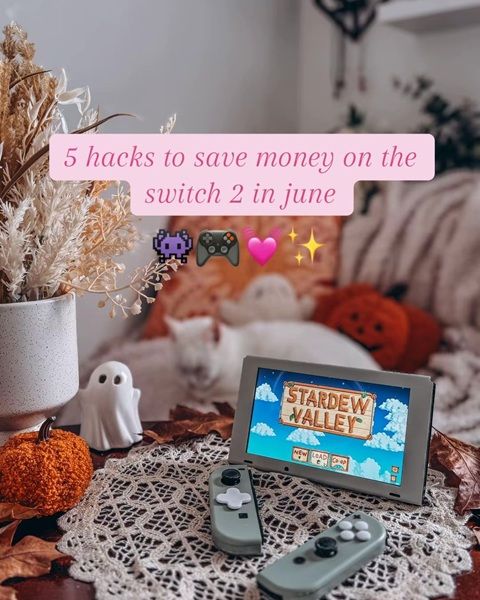 An image of a Nintendo Switch with Stardew Valley on, in an autumnal gaming set up, with the words '5 hacks to save money on the switch in june'