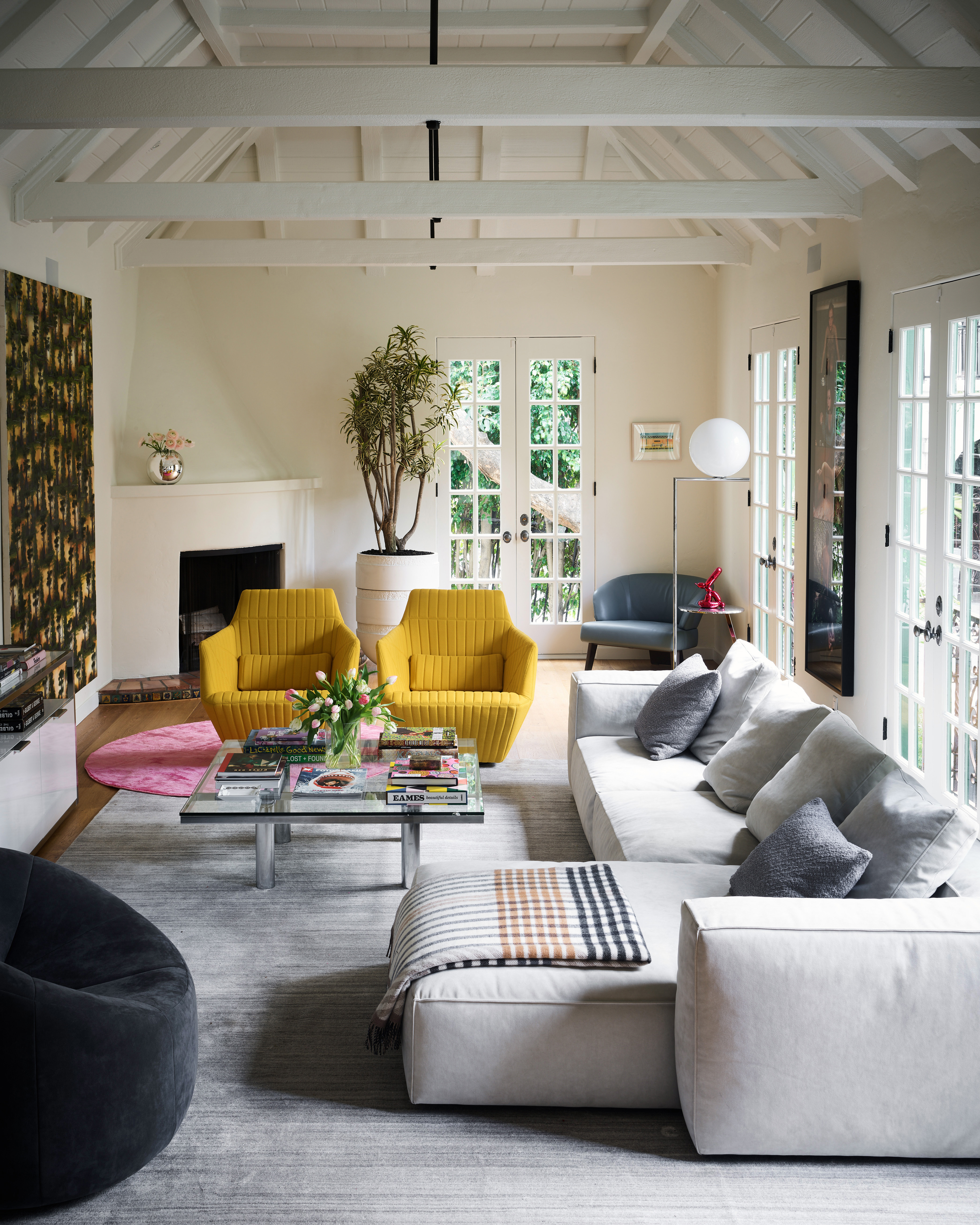 Corner fireplace in a colorful modern living room