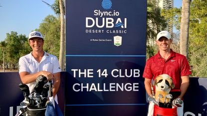 Hovland and McIlroy stand with their golf bags