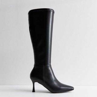 Black Leather Look Knee High Stiletto Boots