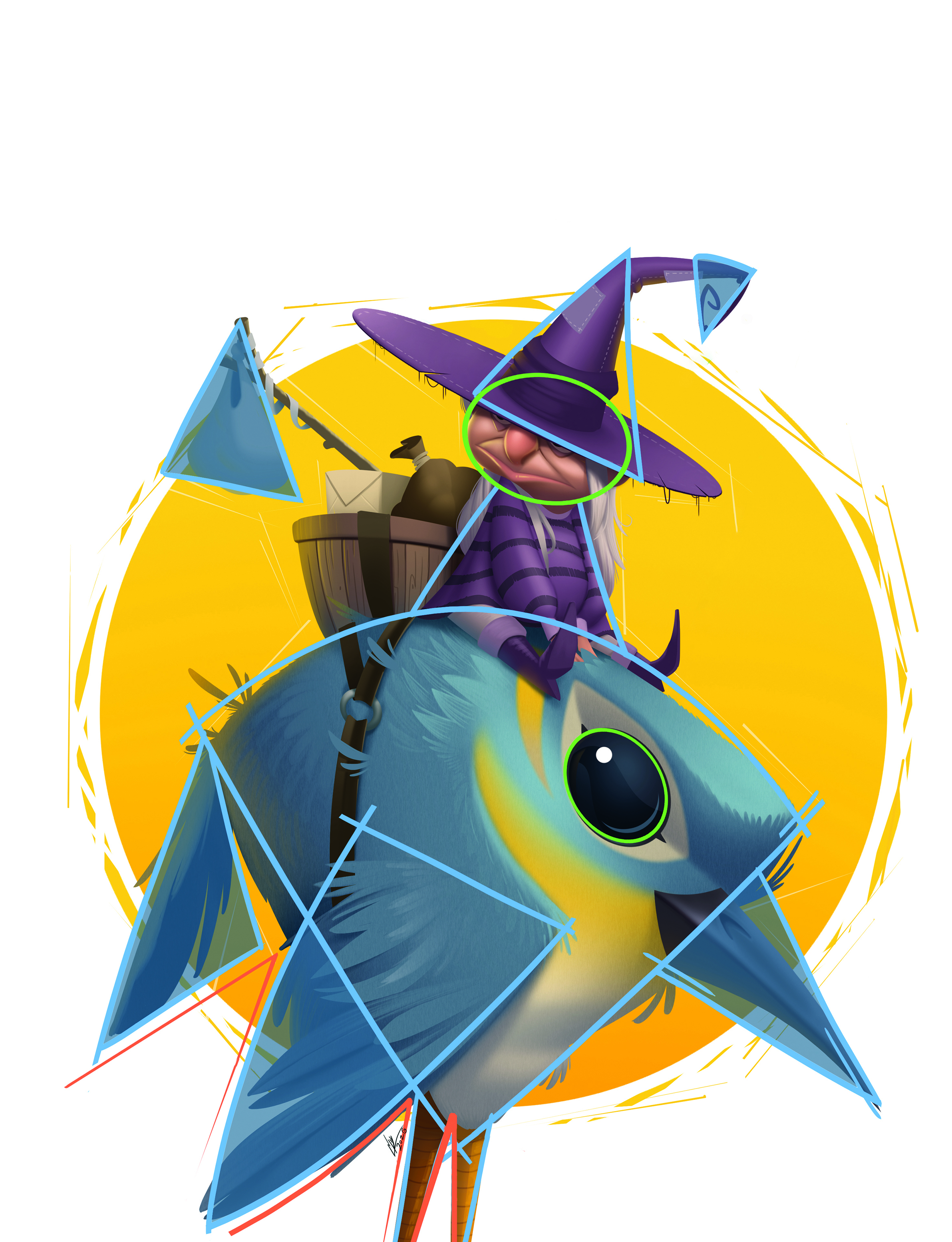 Digital character art showing a witch riding a bird