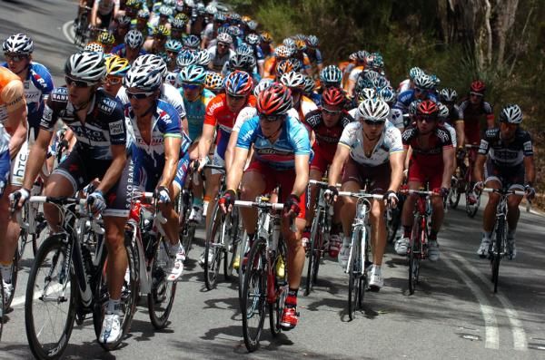 The peloton climb on stage three of the Tour Down Under