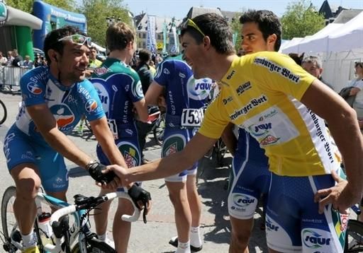 The Saur Sojasun team's Jimmy Engoulvent in yellow at the start of stage 1.