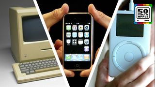 An Apple Macintosh next to two hands holding the original iPhone next to a hand holding an iPod